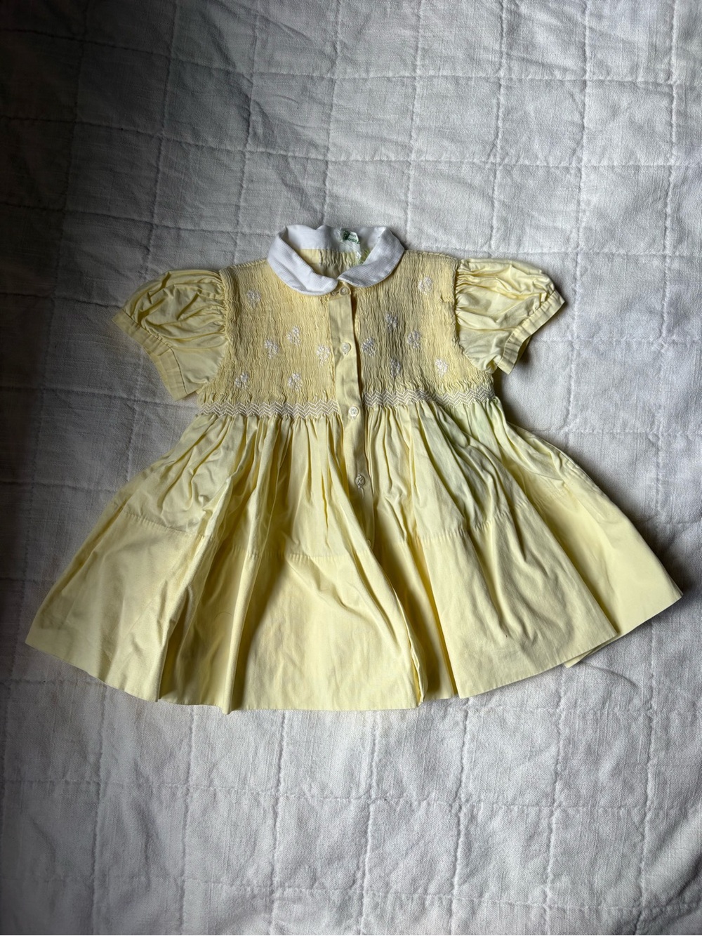 Vintage Feltman Bros Yellow Smocked Baby Dress w White Peter Pan Collar 9 Months